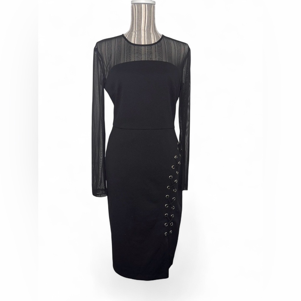 Bisou Bisou Black Mesh Sleeve Bodycon Dress Size 8 Lace Up Side